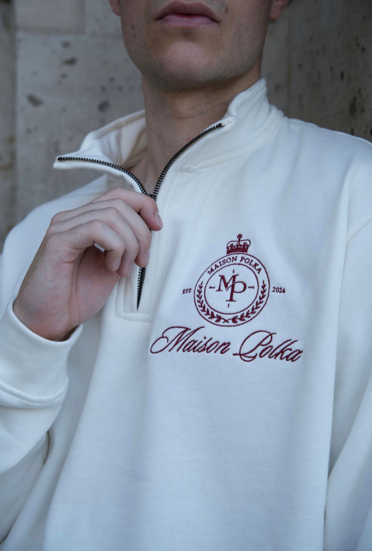Maison Polka Emblem Half-Zip Sweatshirt — Cream