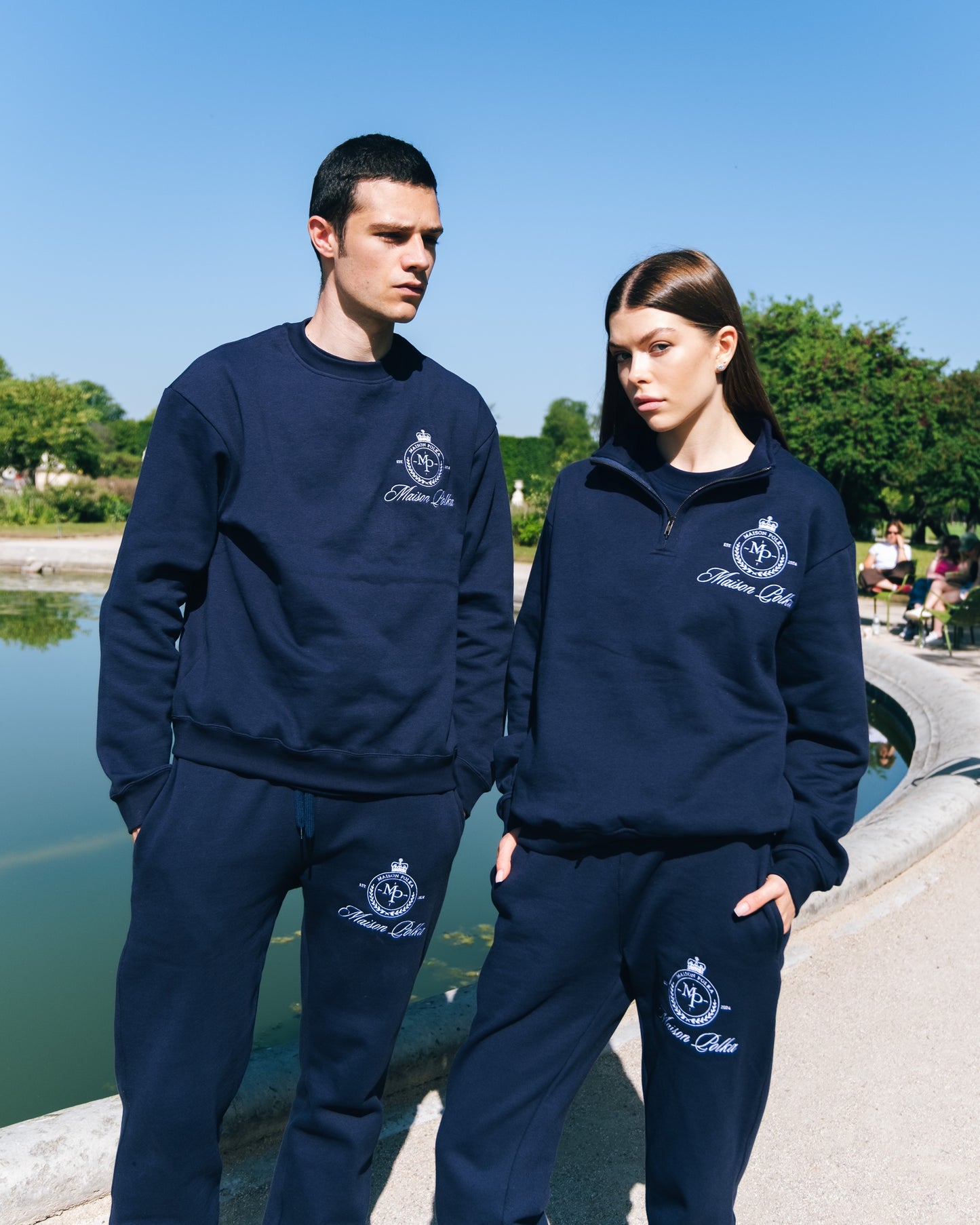 Maison Polka Emblem Half-Zip Sweatshirt — Navy