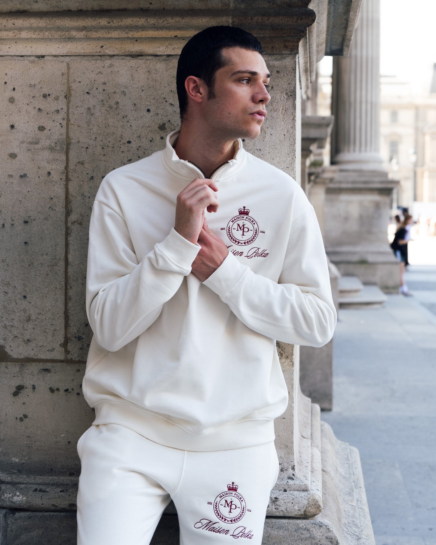 Maison Polka Emblem Half-Zip Sweatshirt — Cream