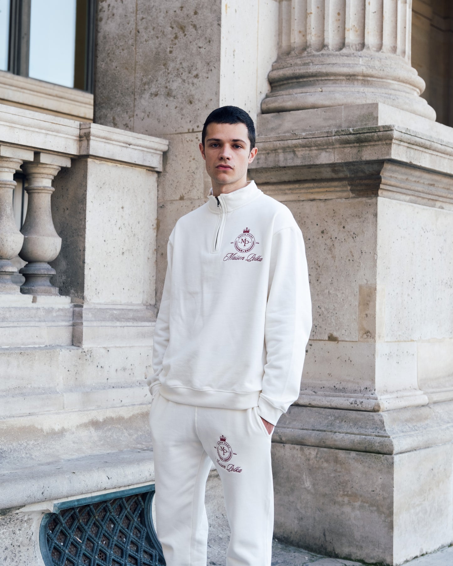 Maison Polka Emblem Half-Zip Sweatshirt — Cream