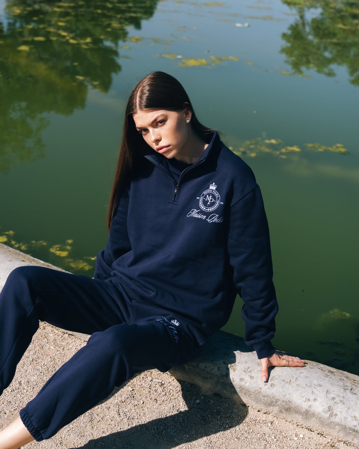 Maison Polka Emblem Half-Zip Sweatshirt — Navy